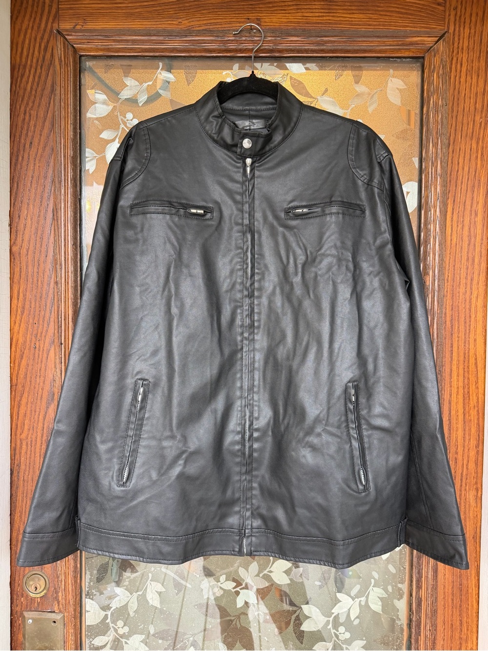 Men's Black Biker Moto Jacket Lined Stand-Up Collar Zip/Snap Front Size XL 48”